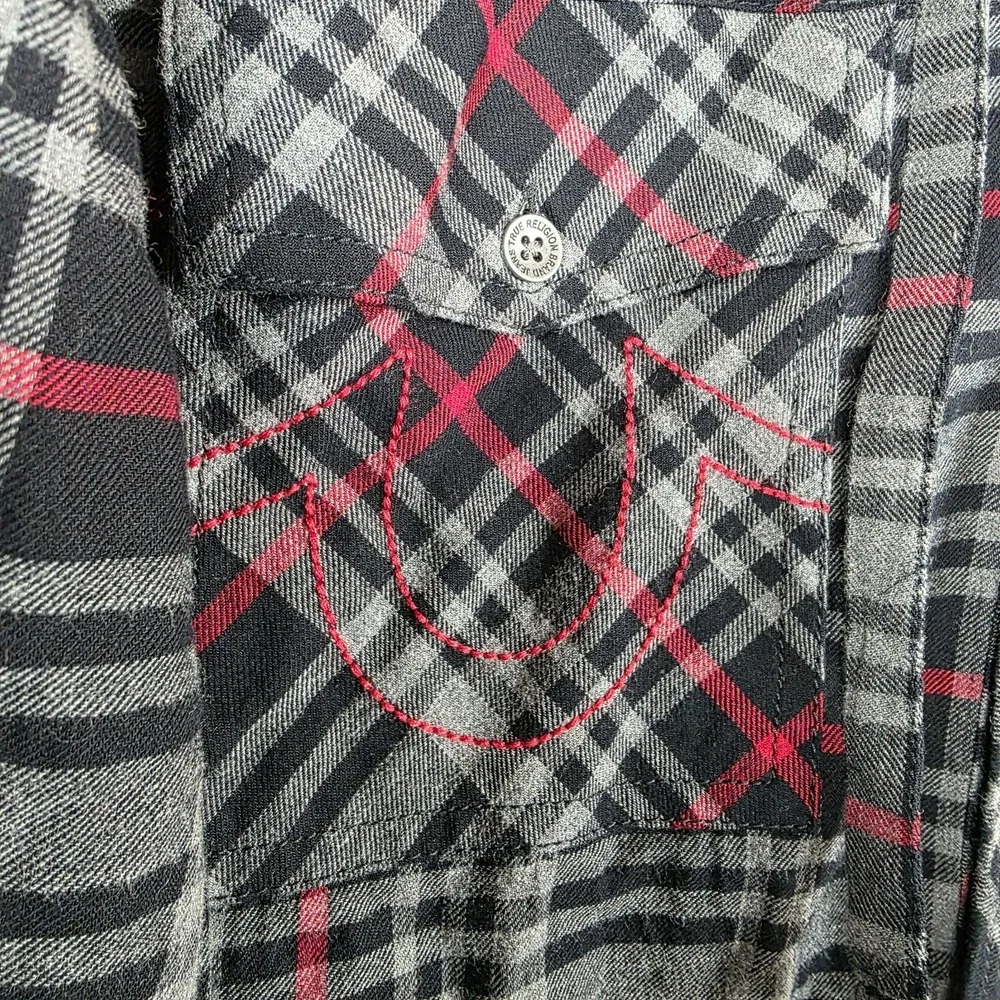 True Religion Shirt Mens SZ M Plaid Hooded Button Up Y2K Grunge SkaterLogo